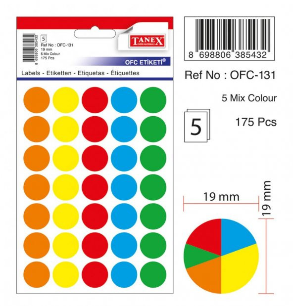 Tanex Mıx Color Ofis İşaretleme Nokta Etiketi 19mm 5-Renk 5.yaprak (175 Etiket) ürün görseli 1