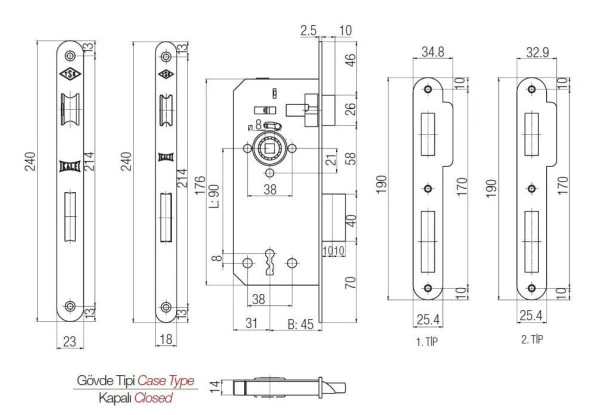 Kale 141-R İç Kapı Gömme Kilidi 45 mm Krom Oval - Resim 2