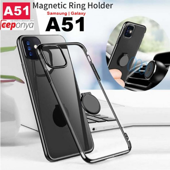 Galaxy A51 Yüzüklü Standlı Köşeleri Renkli Şeffaf Kılıf ürün görseli 1