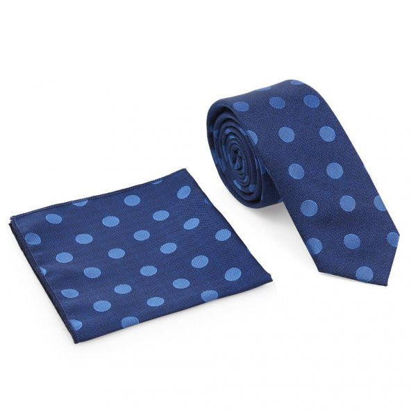 Mavi Puantiyeli Mendilli Slim Kravat-Brianze SKY-2 - Resim 2