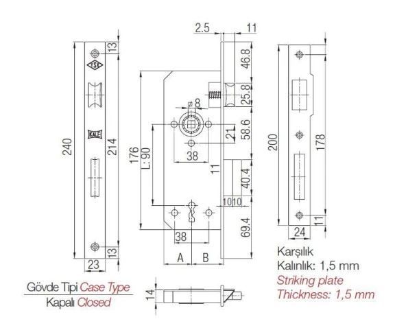 Kale 151-R İç Kapı Gömme Kilidi 35 mm Nikel - Resim 2