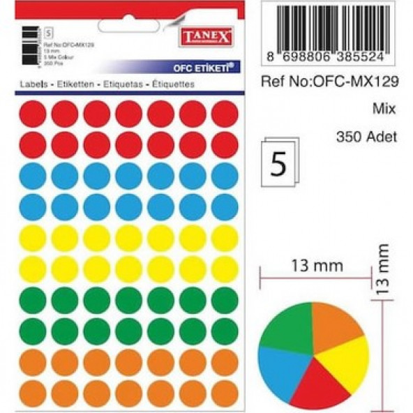 Tanex Mıx Color Ofis İşaretleme Nokta Etiketi 13mm 5-Renk 5.yaprak (350 Etiket) ürün görseli 1
