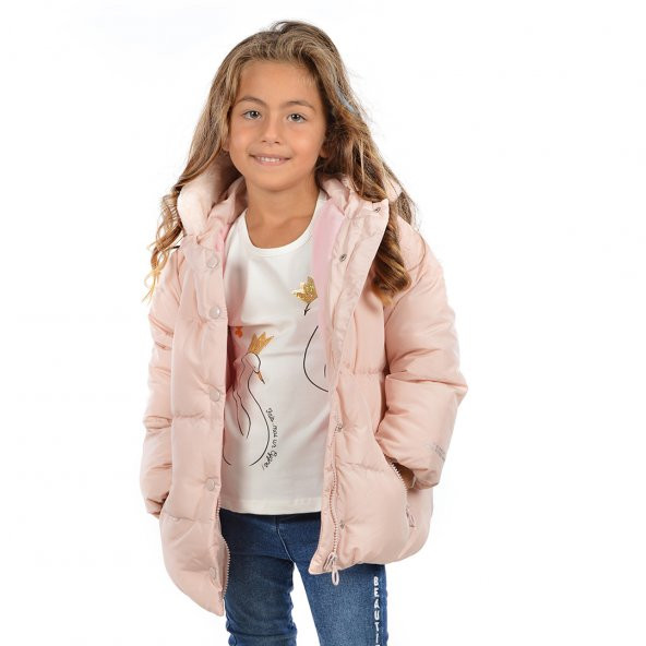 Kız Çocuk Kapüşonlu Mont Modelleri Pudra 24005 - Resim 2