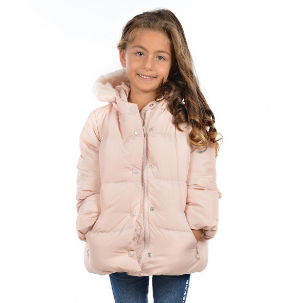 Kız Çocuk Kapüşonlu Mont Modelleri Pudra 24005 - Resim 3