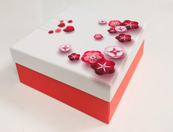 KUTU KALP ÇİÇEK KIRMIZI BEYAZ 19CM X 19CM X 8CM ürün görseli 1
