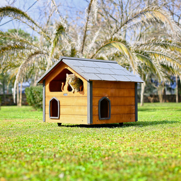 MANDU AHŞAP TERASLI (DUBLEX) KEDİ EVİ ürün görseli 1