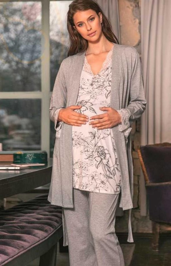 Anıl 5543 Gri Pembe  Dantel Detaylı Hamile Lohusa 3 Lü Pijama  Sabahlık Takımı ürün görseli 1