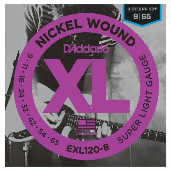 DADDARIO EXL120-8 ELEKTRO GİTAR TEL SETİ, 8 TELLİ, XL, 9-65, NICKEL  String Set for 8-String Electric Guitars

Nickel wound
Gauges: 009 - 011 - 016 - w024 - 032 - 042 - 054 - 065 ürün görseli 1
