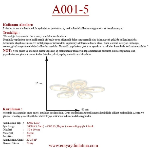 Eray Aydınlatma A001-5 Dimmer Kumandalı Led Avize - Resim 3