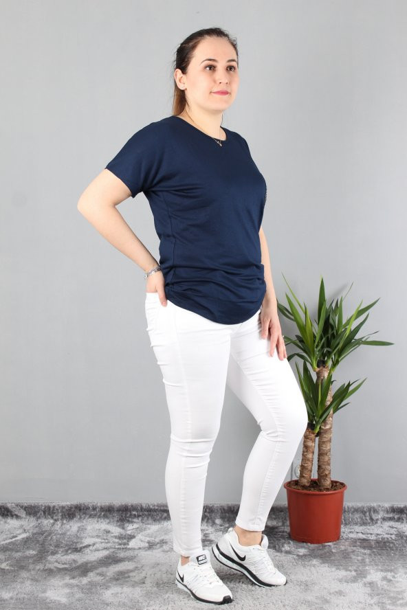 Günay Kadın Bluz Etkm9074-1 O Yaka Taş Cep Düşük Kol Penye-LACİVERT - Resim 2
