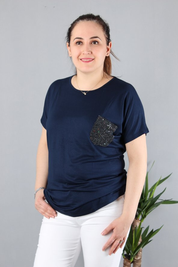 Günay Kadın Bluz Etkm9074-1 O Yaka Taş Cep Düşük Kol Penye-LACİVERT - Resim 3