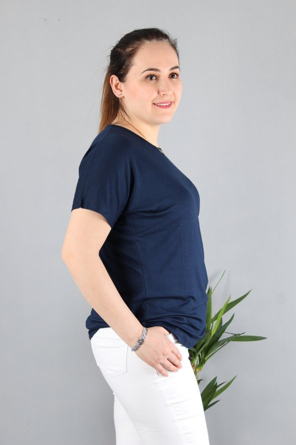 Günay Kadın Bluz Etkm9074-1 O Yaka Taş Cep Düşük Kol Penye-LACİVERT - Resim 5