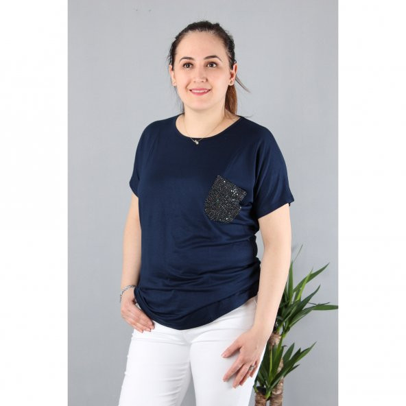 Günay Kadın Bluz Etkm9074-1 O Yaka Taş Cep Düşük Kol Penye-LACİVERT - Resim 8
