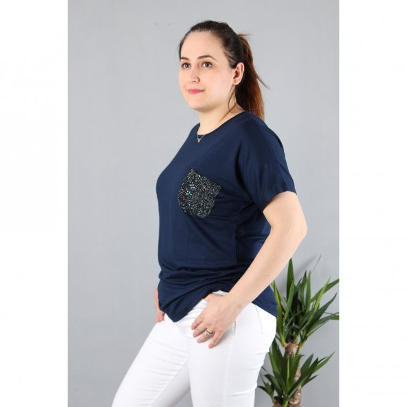 Günay Kadın Bluz Etkm9074-1 O Yaka Taş Cep Düşük Kol Penye-LACİVERT - Resim 10