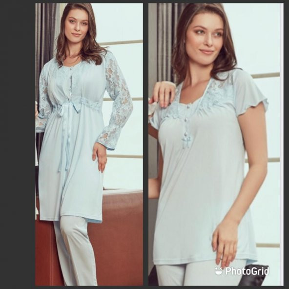 Bone Club 4902 MAVİ  Hamile Lohusa 3 Lü Dantel Kollu Pijama Sabahlık ürün görseli 1