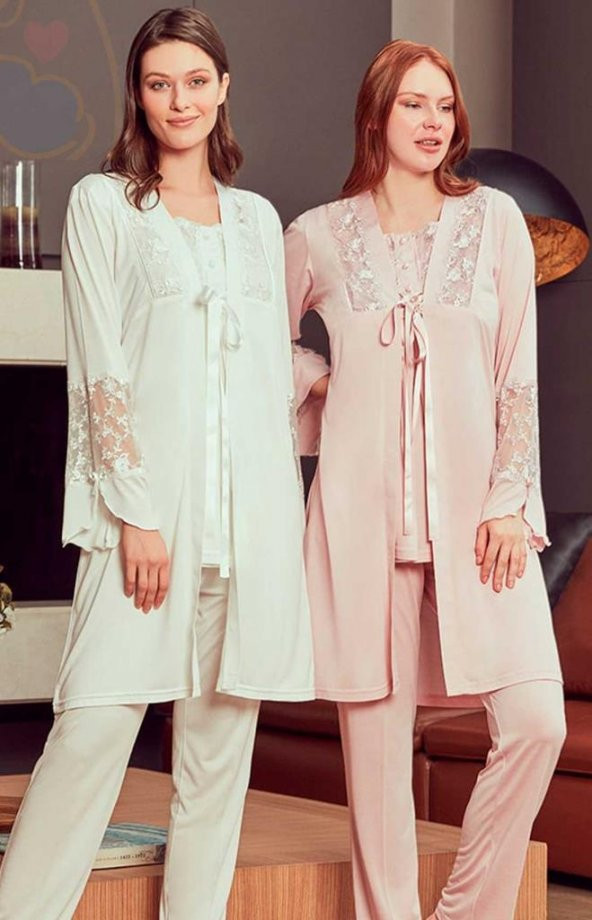Bone Club 4906 PUDRA Hamile Lohusa 3 Lü Dantel Kollu Pijama Sabahlık ürün görseli 1