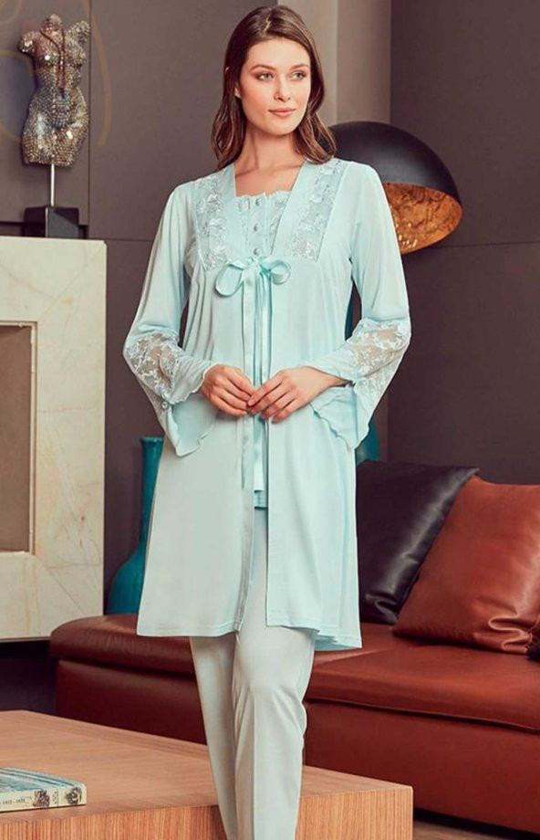 Bone Club 4906 Turkuaz Hamile Lohusa 3 Lü Dantel Kollu Pijama Sabahlık ürün görseli 1