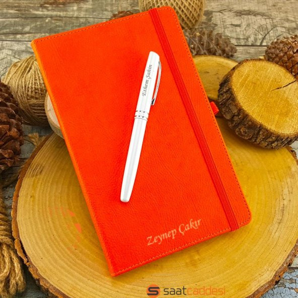 İsme Özel Termo Deri Turuncu Defter Roller Kalem Set ürün görseli 1