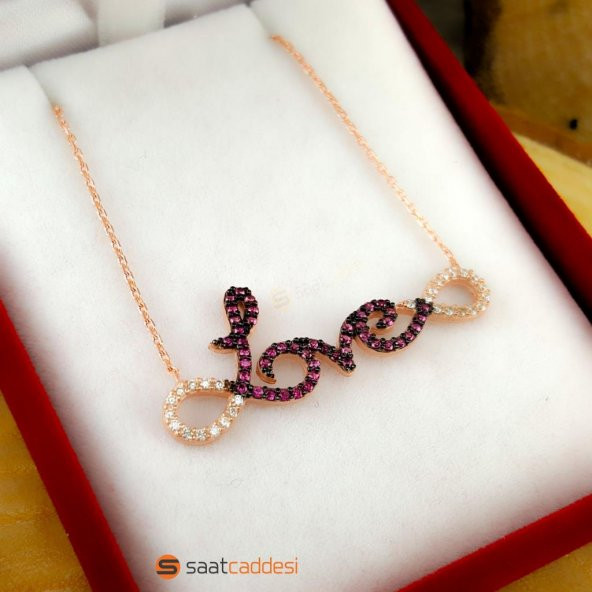 925 Ayar Gümüş Pembe Zirkon Taşlı Love Yazılı Sonsuzluk Kolyesi ürün görseli 1
