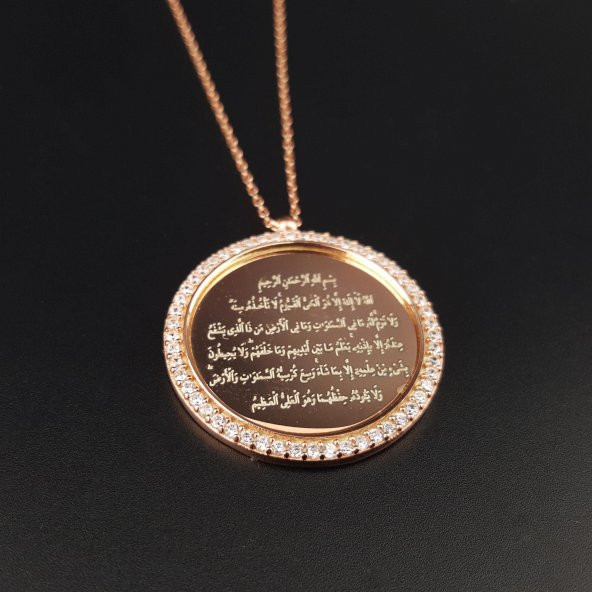 925 Ayar Gümüş Zirkon Taşlı Ayet-el Kürsi Ayetli Rose Kolye ürün görseli 1