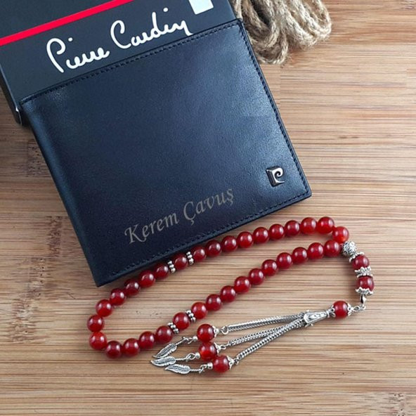 İsme Özel Pierre Cardin Deri Erkek Cüzdan ve Akik Tesbih Seti ürün görseli 1