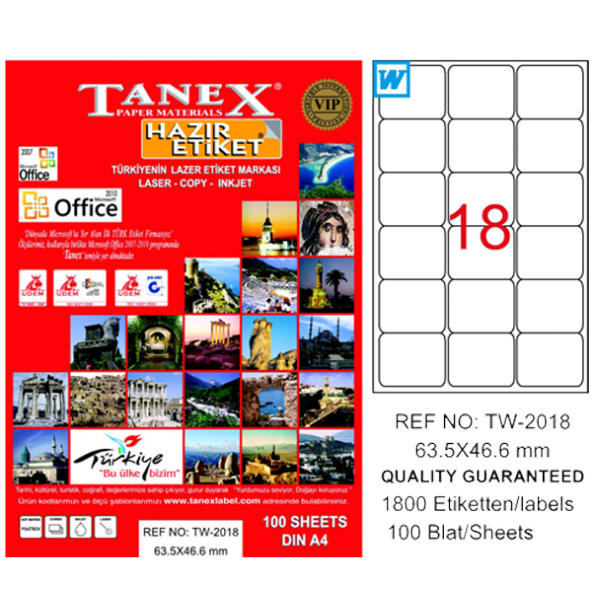 Tanex Lazer Etiket 100 YP 63.5x46.6 Laser-Copy-Inkjet TW-2018 ürün görseli 1