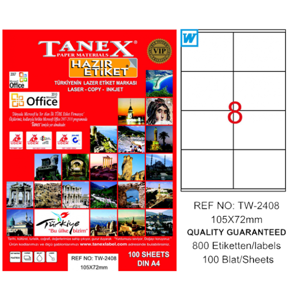 Tanex Lazer Etiket 100 YP 105x72 Laser-Copy-Inkjet TW-2408 ürün görseli 1