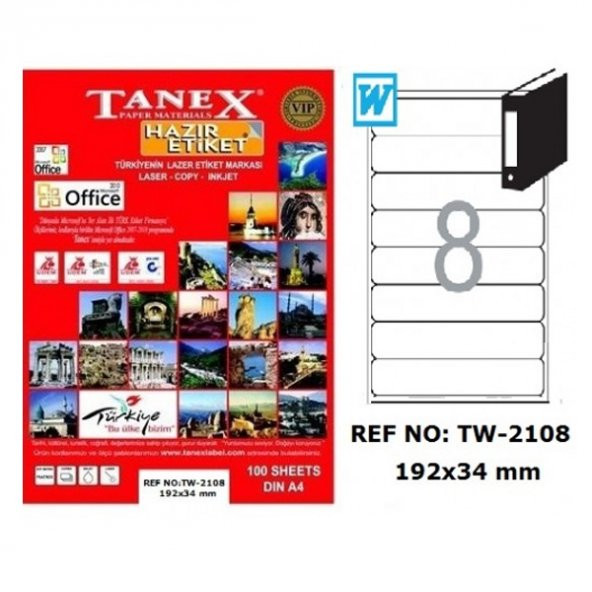 Tanex Lazer Etiket 100 YP 192x34 Laser-Copy-Inkjet TW-2108 ürün görseli 1