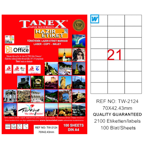 Tanex Lazer Etiket 100 YP 70x42.43 Laser-Copy-Inkjet TW-2124 ürün görseli 1