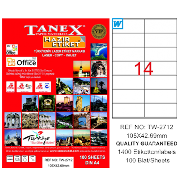 Tanex Lazer Etiket 100 YP 105x42.69 Laser-Copy-Inkjet TW-2712 ürün görseli 1