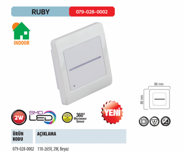 Horoz Ruby 2W Led Gömme Armatür Radar Sensörlü 4000K ürün görseli 1