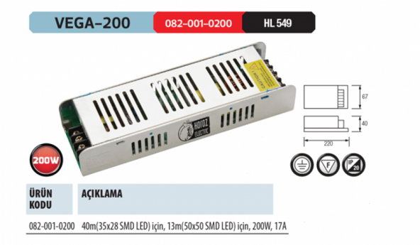 Horoz Vega-200 12V DC 17 Amper 200W Slim Tip Şerit Led Trafosu ürün görseli 1