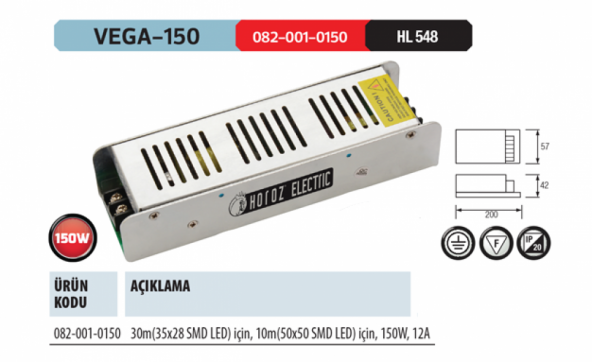 Horoz Vega-150 12V DC 12 Amper 150W Slim Tip Şerit Led Trafosu ürün görseli 1