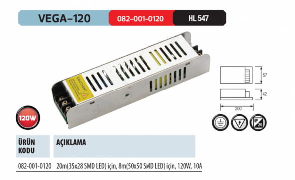 Horoz Vega-120 12V DC 10 Amper 120W Slim Tip Şerit Led Trafosu ürün görseli 1