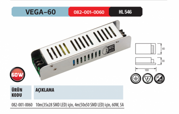 Horoz Vega-60 12V DC 5Amper 60W Slim Tip Şerit Led Trafosu ürün görseli 1