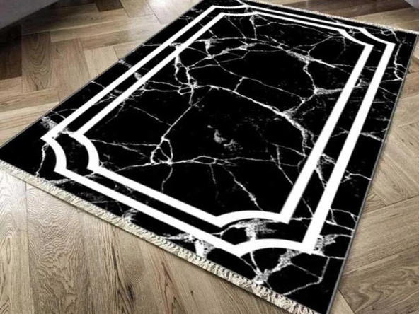 Kaymaz Taban Dijital Baskı Kadife Halı Linear Stone Siyah 180x280 cm ürün görseli 1