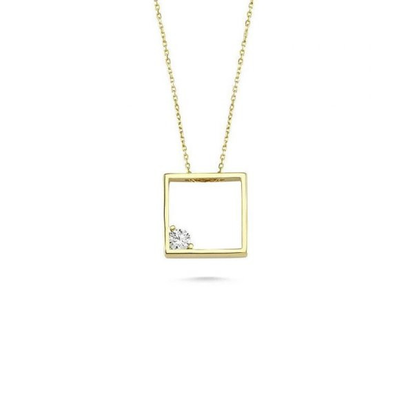 14 Ayar Altın Swarovski Taşlı Kare Kolye ürün görseli 1