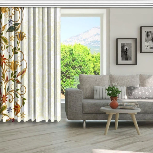 Baskılı Fon Perde Sarı Yeşil Çiçek Desenli - Resim 5