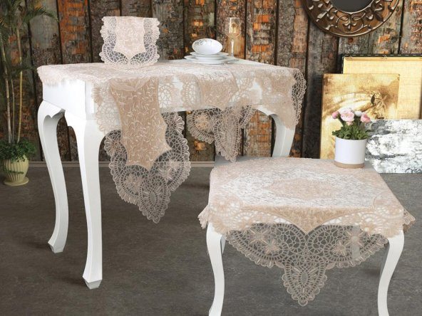 Suman Kordone Lüx Kadife Nakışlı 5 Parça Salon Takımı Cappucino ürün görseli 1