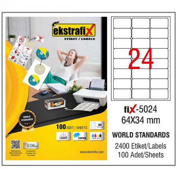 Ekstrafix Lazer Etiket 100 YP 64x34 Laser-Copy-Inkjet FİX-5024 ürün görseli 1