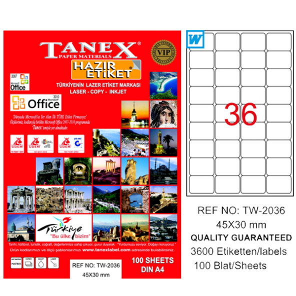 Tanex Lazer Etiket 100 YP 45x30 Laser-Copy-Inkjet TW-2036 ürün görseli 1