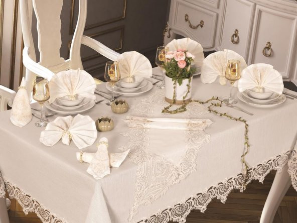 Rose Heart Masa Örtüsü 26 Parça Krem - Resim 3