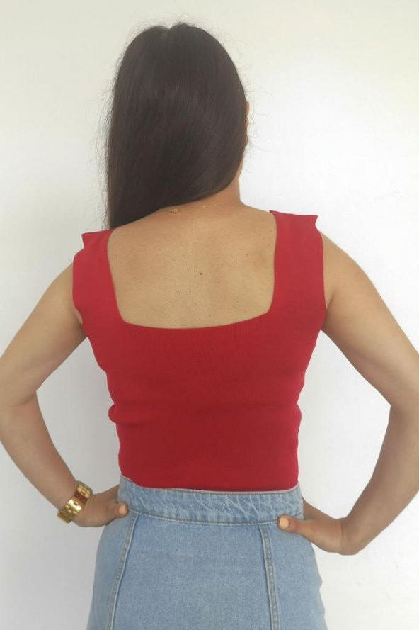 Crop Bluz Kare Yaka Triko - Resim 2