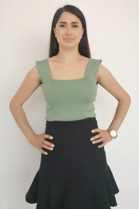 Crop Bluz Kare Yaka Triko - Resim 5