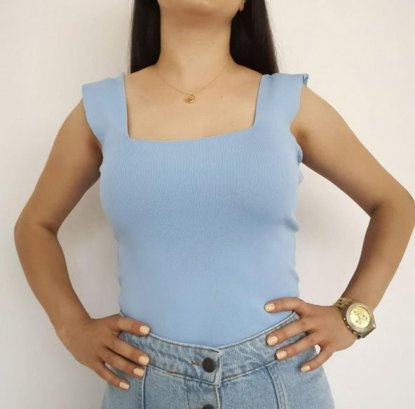 Crop Bluz Kare Yaka Triko - Resim 6