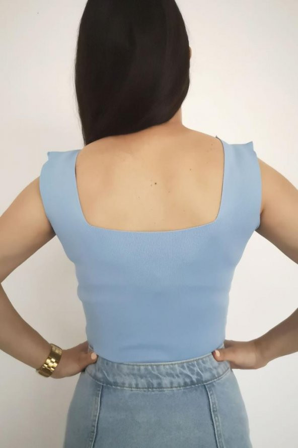 Crop Bluz Kare Yaka Triko - Resim 7