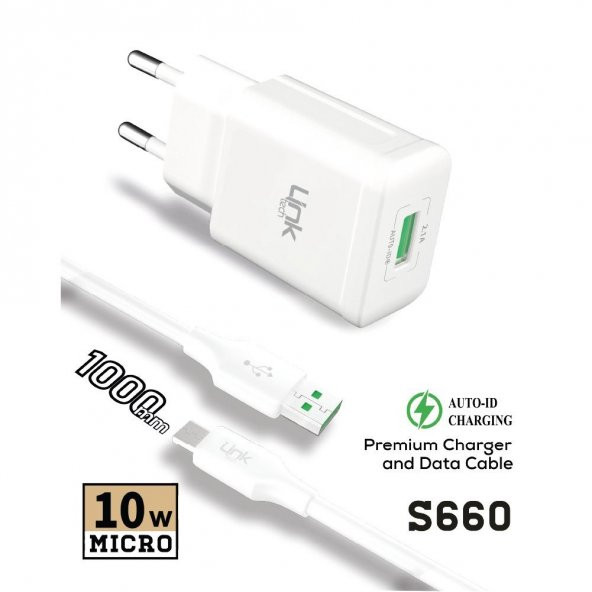 LinkTech S660 Premium 10W 2.1A Micro USB Otomatik Akıllı Şarj Aleti Beyaz ürün görseli 1