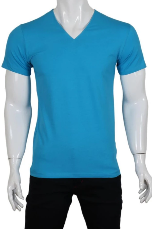 Erkek Tişört Dar Kesim V Yaka RAR00616 Mavi T-Shirt ürün görseli 1