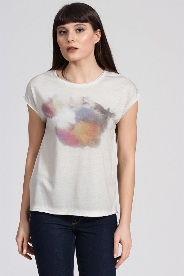 Gökkuşağı Baskılı Basıc Tshirt-BEJ - Resim 2