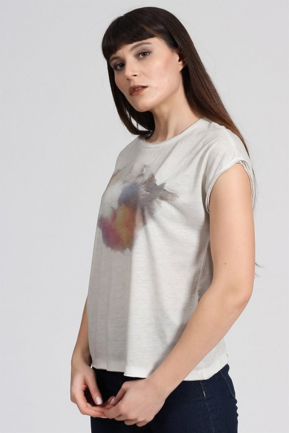 Gökkuşağı Baskılı Basıc Tshirt-BEJ - Resim 3